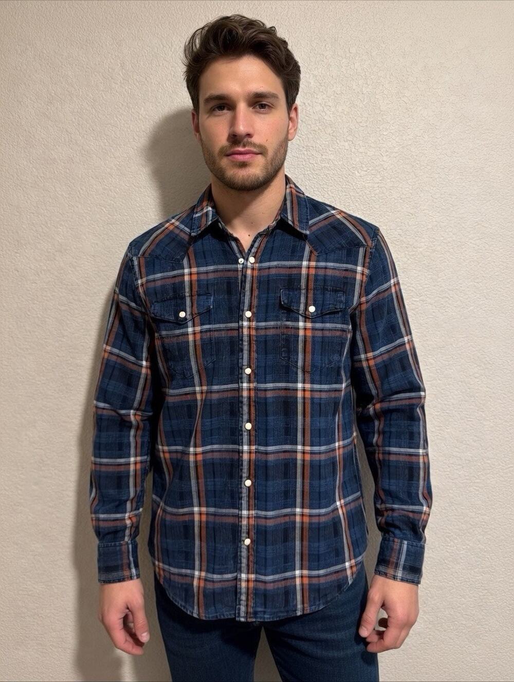 Gap Denim Shirt Mens L Blue Plaid Pearl Snap Front Western Long Sleeve Slim Fit